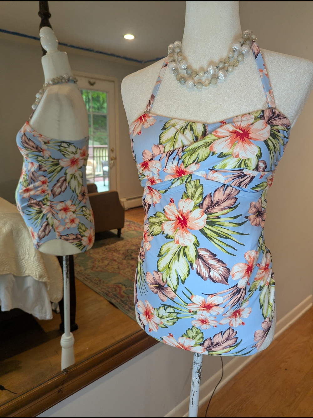 Light Blue Floral Halter One-Piece Maternity Swimwear
